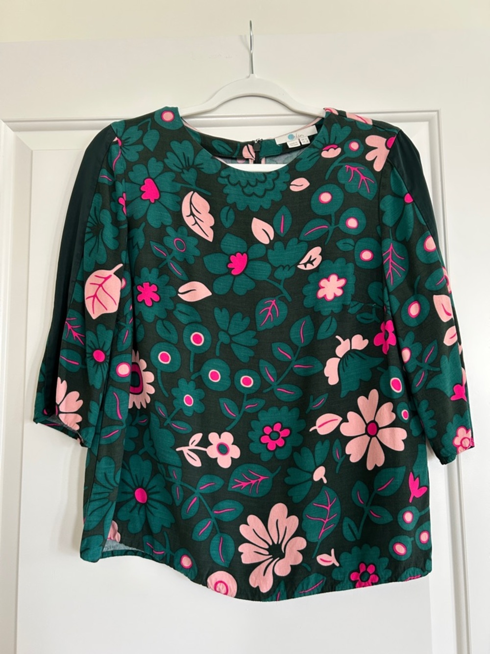 Boden Green Blouse with Pink Floral Print